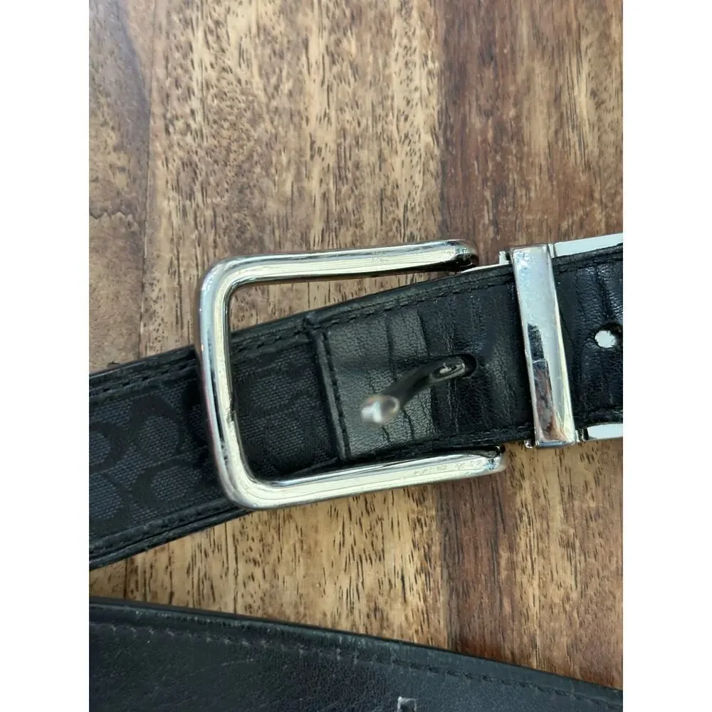 Coach Men's Black Silver Stamped Leather Buckle Belt